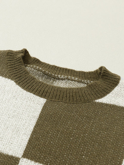 Green Checkered Floral and Striped Sleeve Sweater with Round Neck