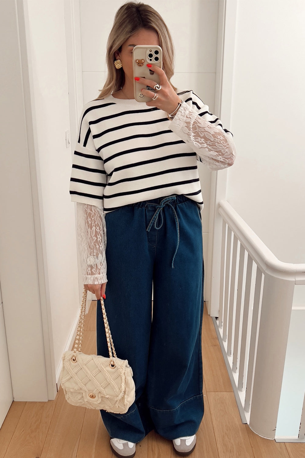 White Stripe Drop Shoulder Knit Lace Patchwork Long Sleeve Sweater