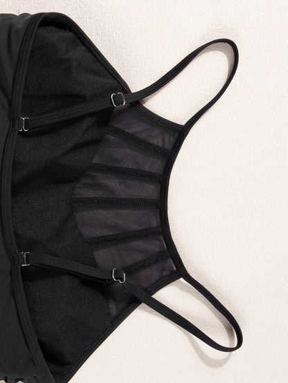 Elegant Black Mesh Detail One-Piece Swimsuit with Adjustable Straps