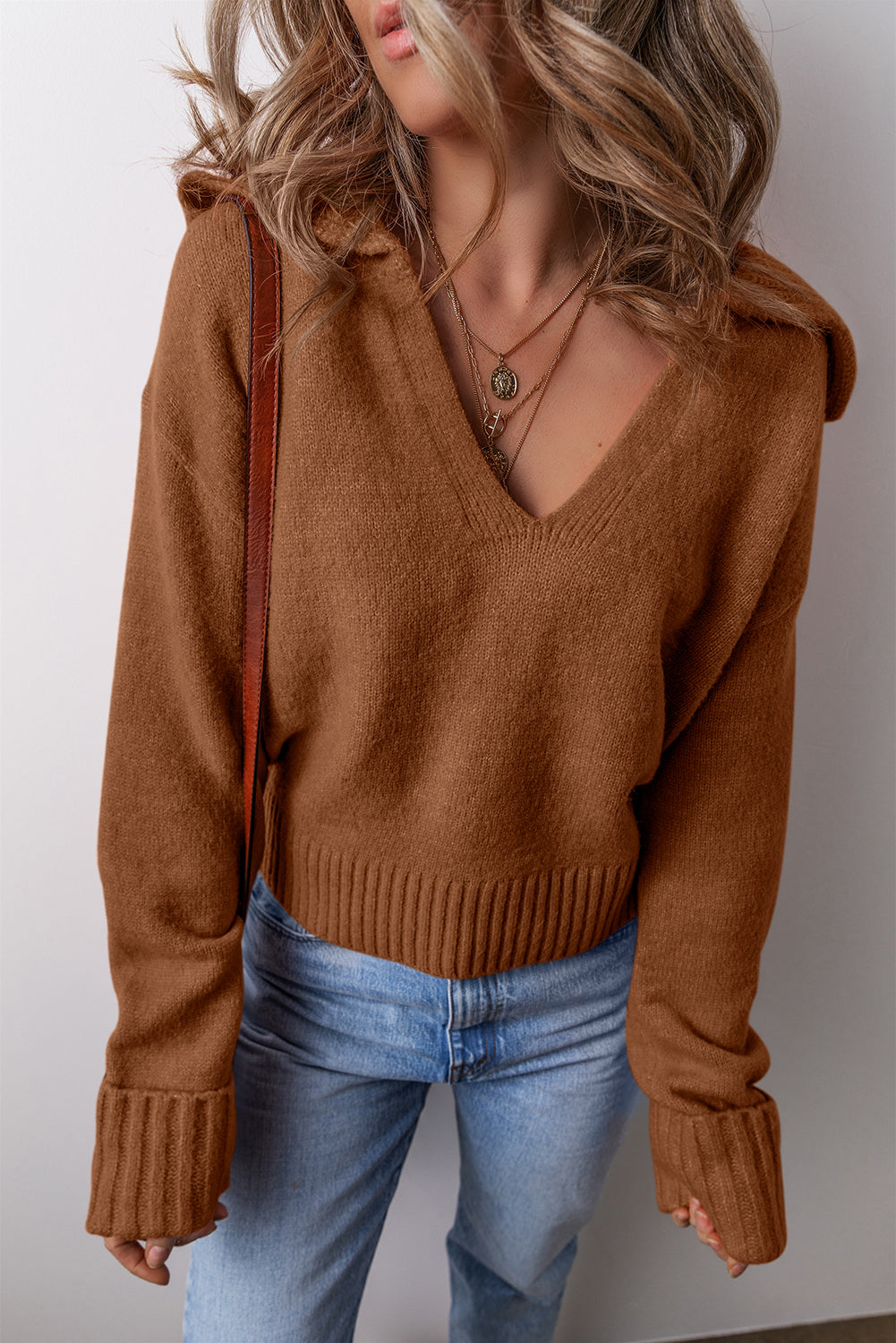 Chestnut Collared V Neck Ribbed Edge Sexy Elegant Sweater
