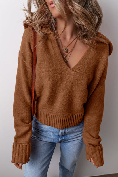 Chestnut Collared V Neck Ribbed Edge Sexy Elegant Sweater