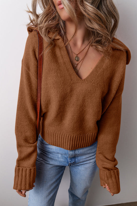 Chestnut Collared V Neck Ribbed Edge Sexy Elegant Sweater