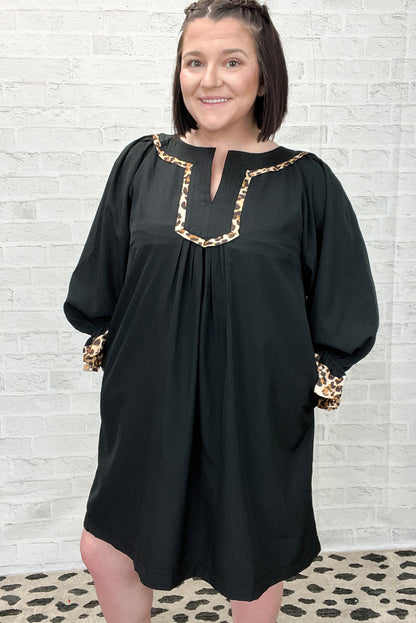 Black Plus Size Notched Neck Leopard Trim Flounce Long Sleeve Shift Dress