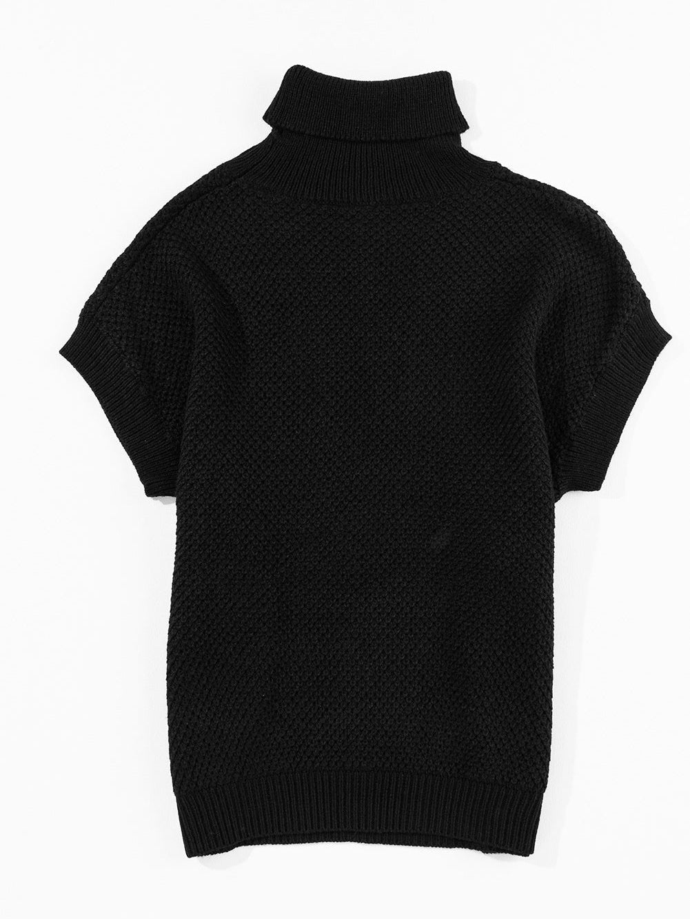 Elegant Black Ribbed Turtleneck Short Sleeve Sweater
