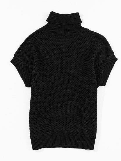 Elegant Black Ribbed Turtleneck Short Sleeve Sweater