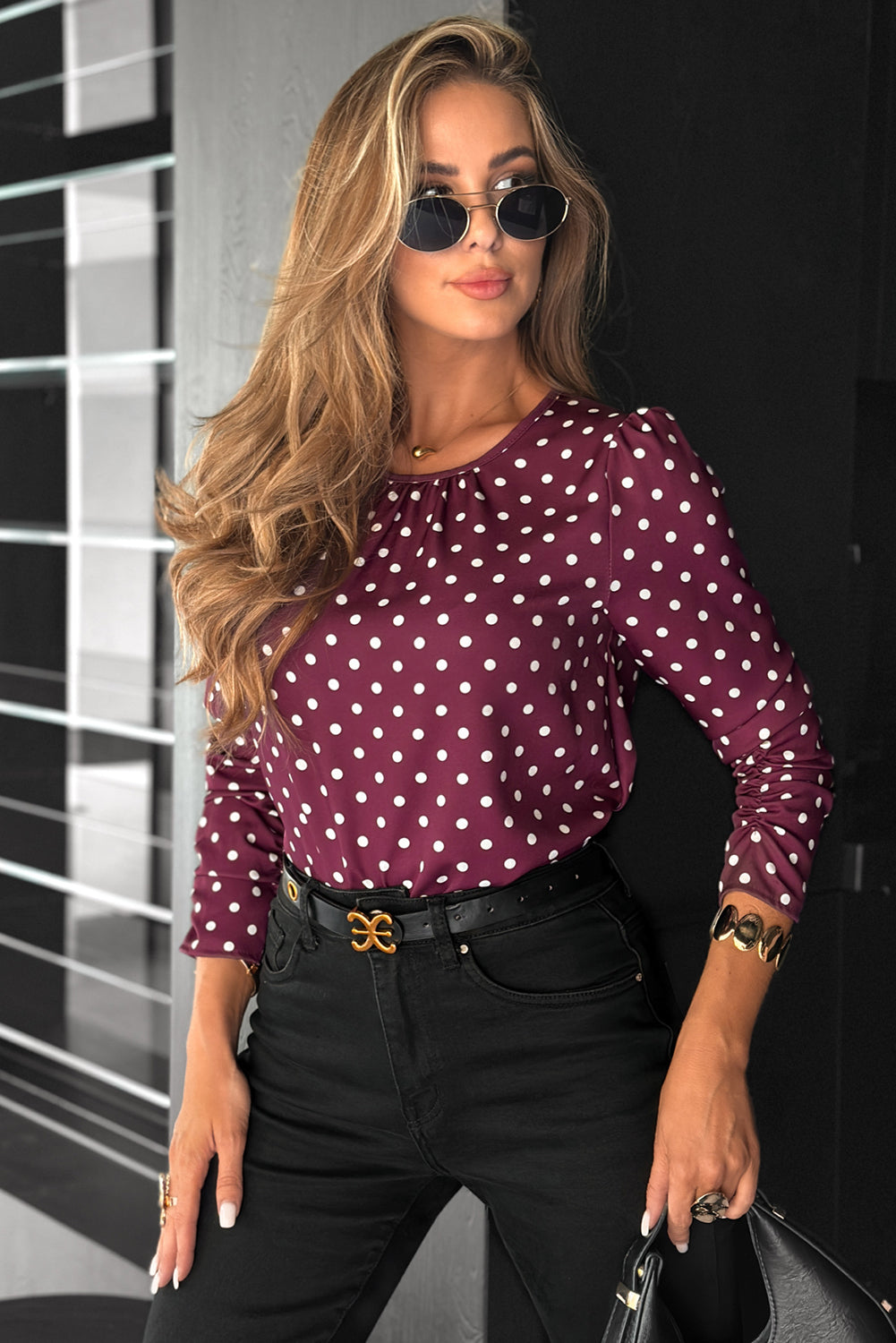 Violet Pleated Round Neck Polka Dot Long Sleeve Blouse
