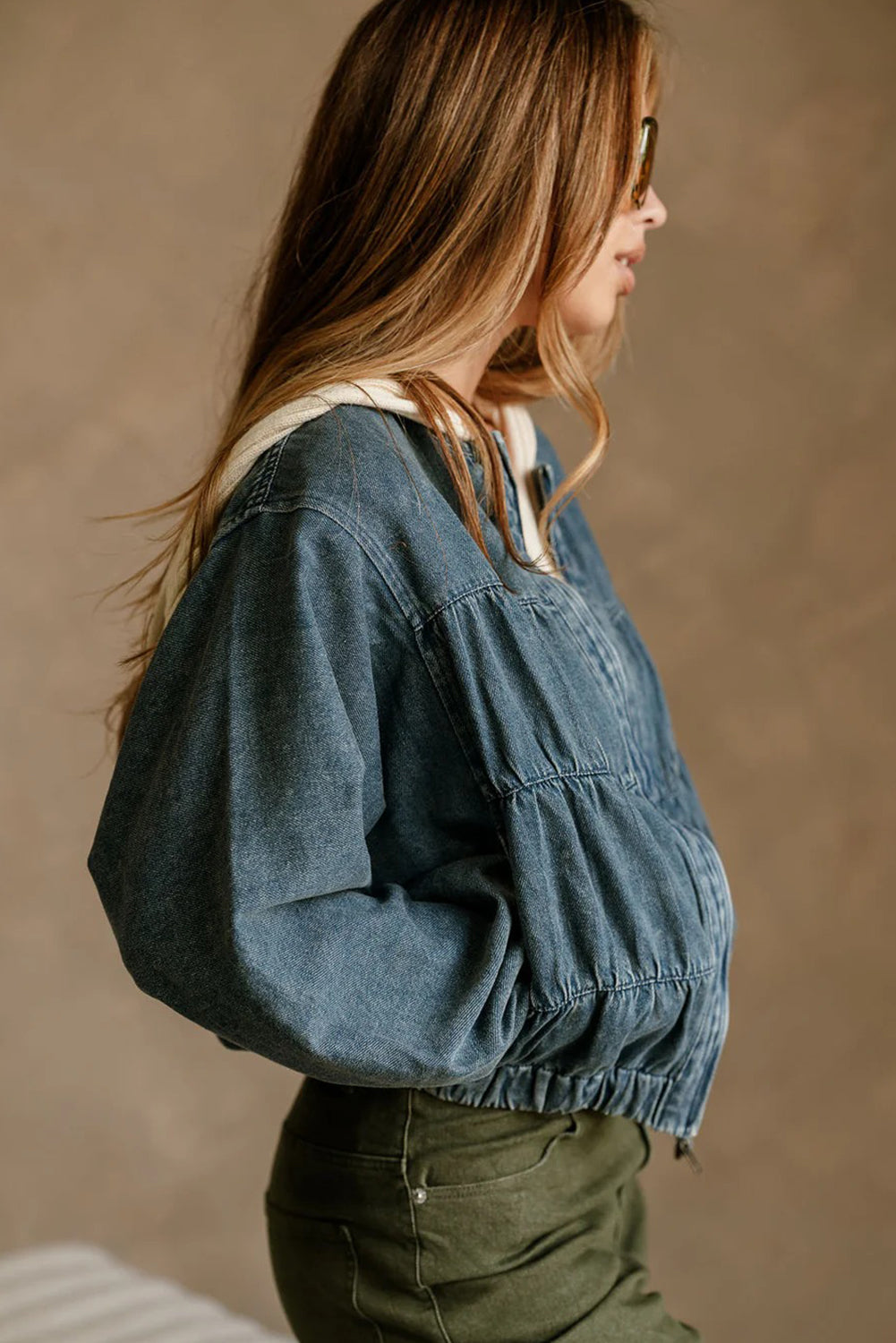 Real Teal Pleated Seam Detail Round Neck Zip Up Denim Jacket