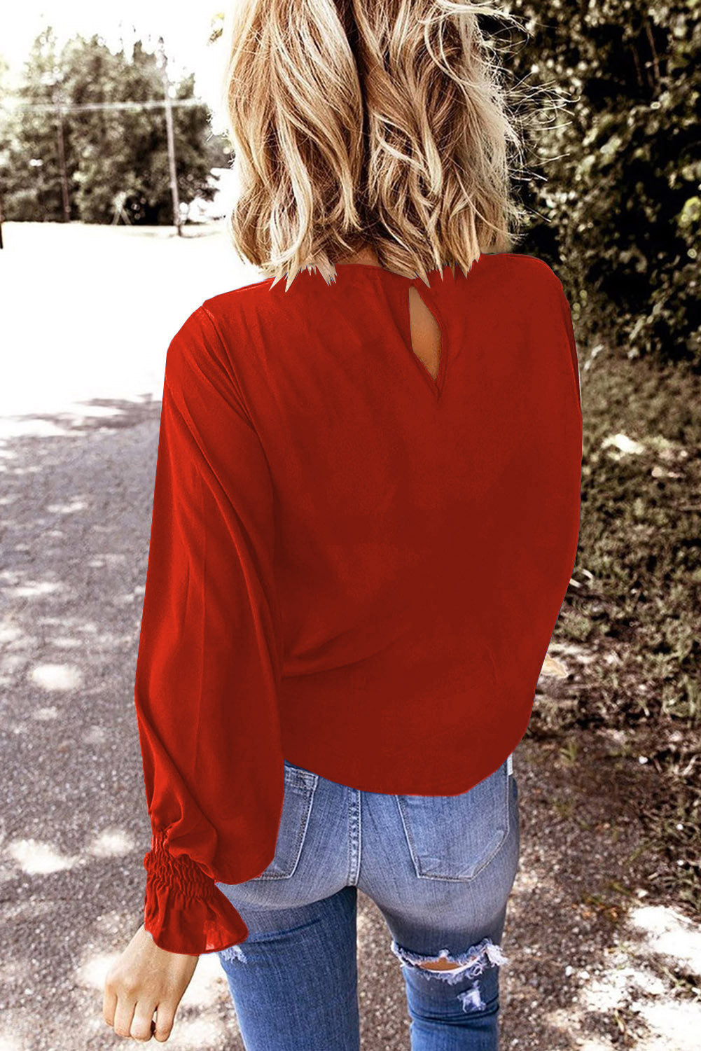 Fiery Red Ruffle Sleeve Round Neck Top