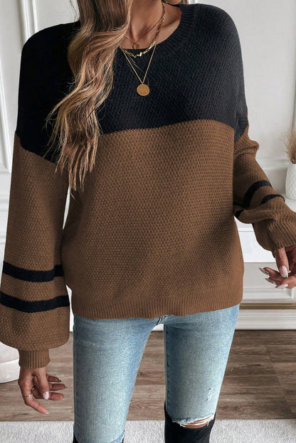 Dark Brown Color Block Knit Striped Sleeve Detail Casual Sweater