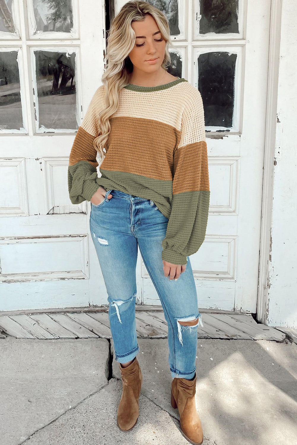 Green Striped Bubble Sleeve Baggy Top with Color Block Detail