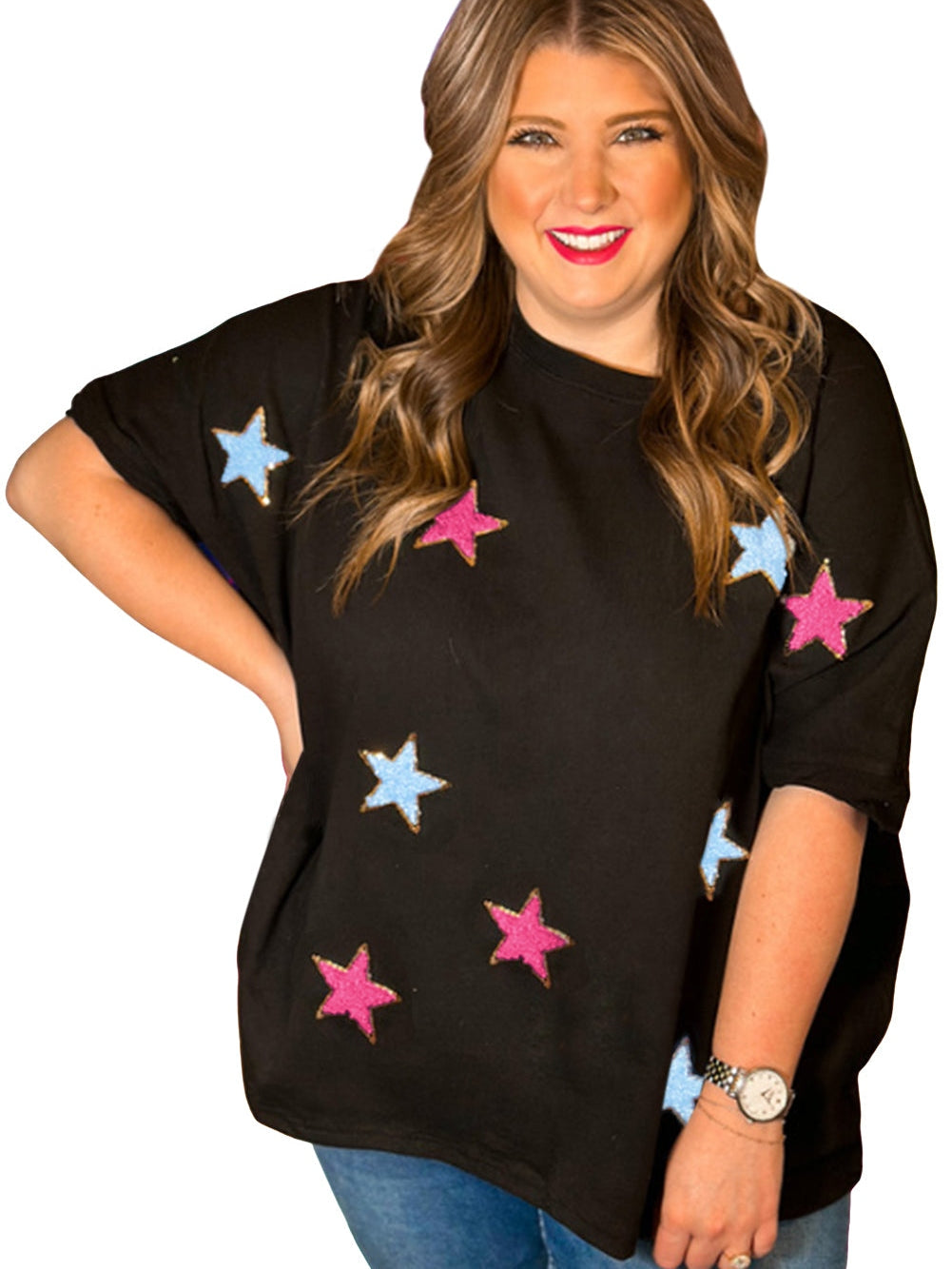 Chic Black Star Sequin Plus Size T-Shirt