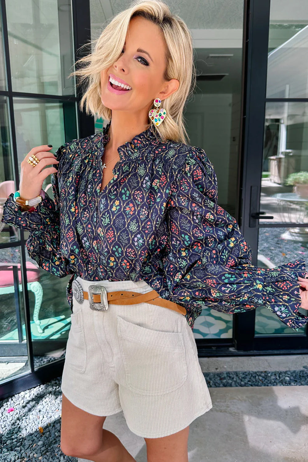 Blue Floral Print Flounced Long Puff Sleeve Blouse