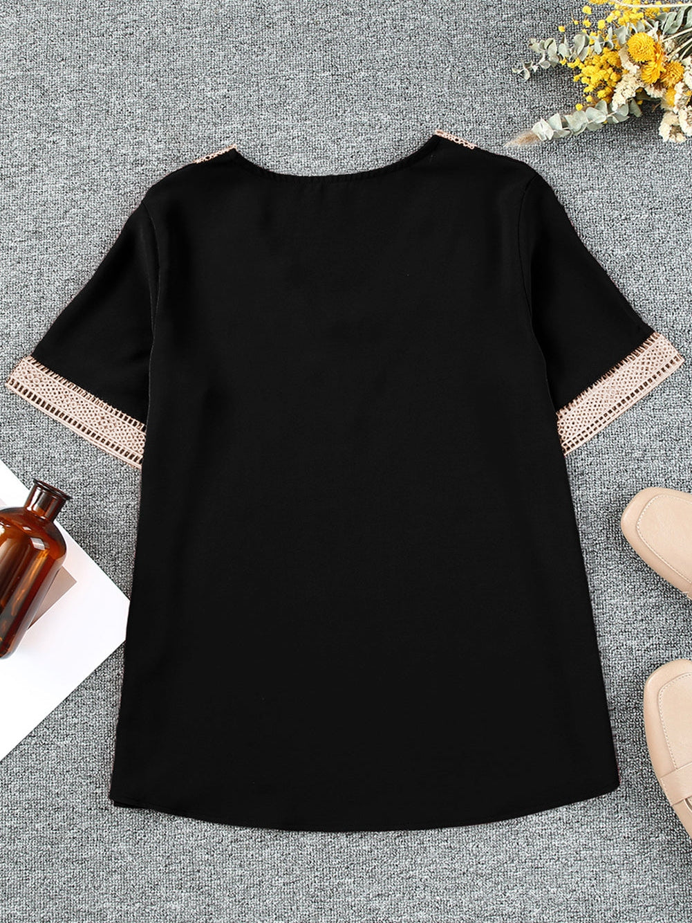 Black Lace Trim Short Sleeve V Neck Plus Size Top