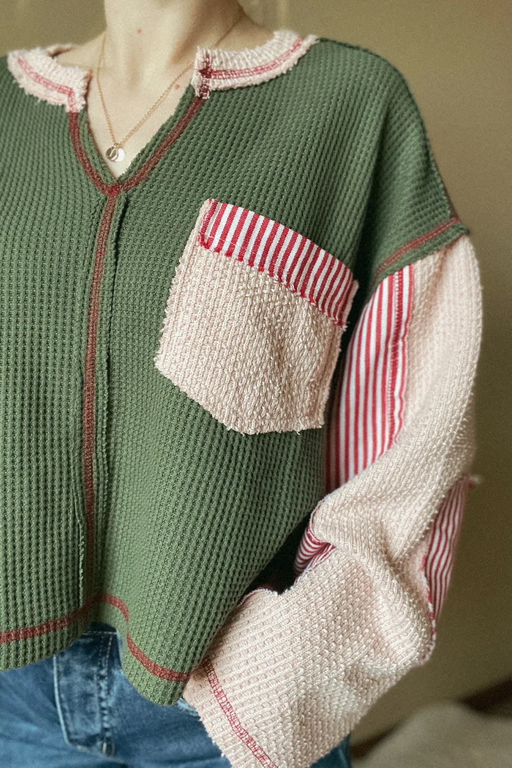 Green Mix Texture Exposed Stitch Color Block Notched Neck Loose Top