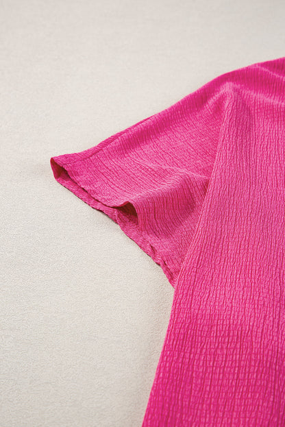 Bubble Hem Bright Pink V Neck Plus Size Top