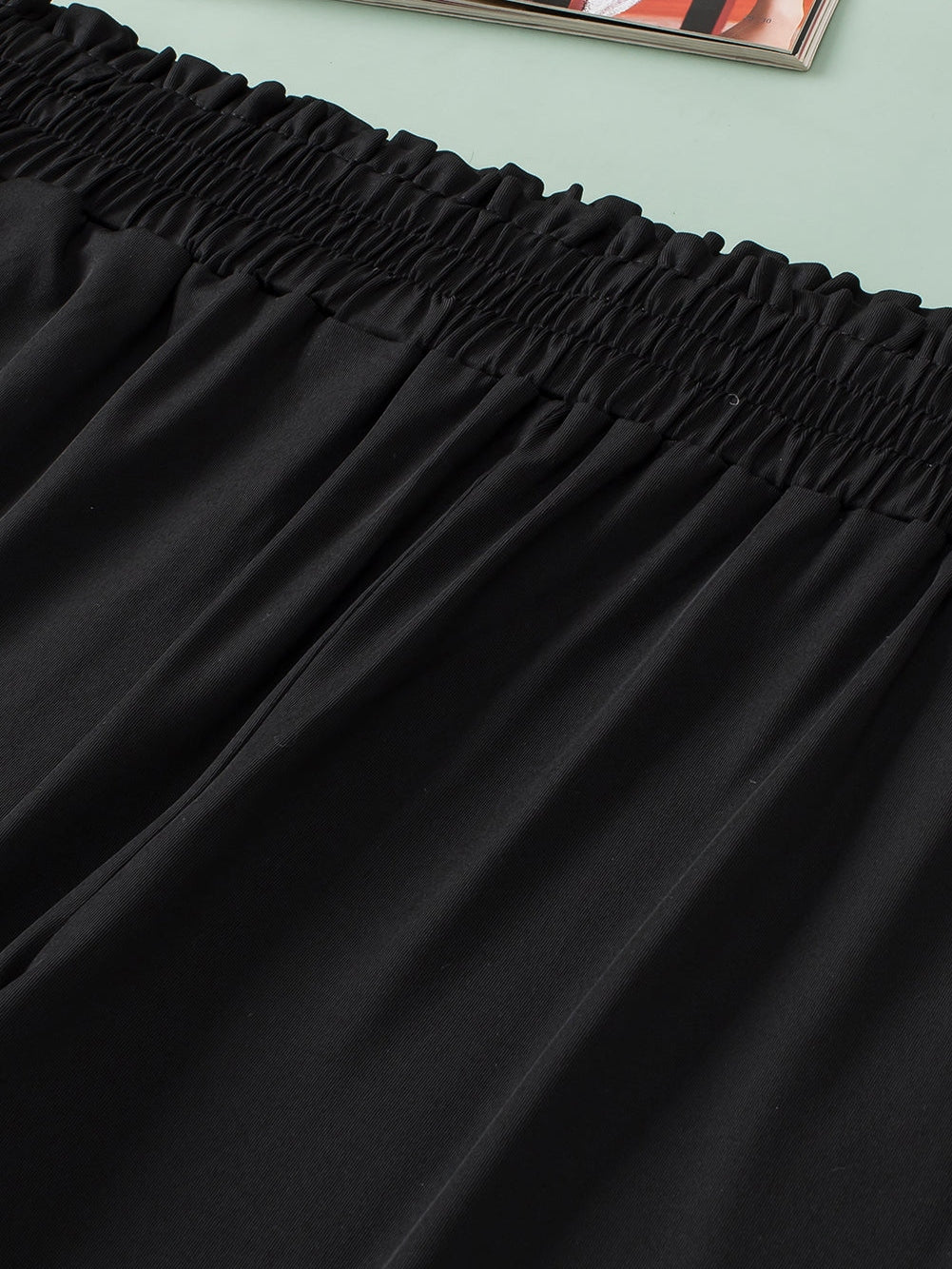 Elegant Black Plus Size High Waist Frilled Soft Pants with Pockets