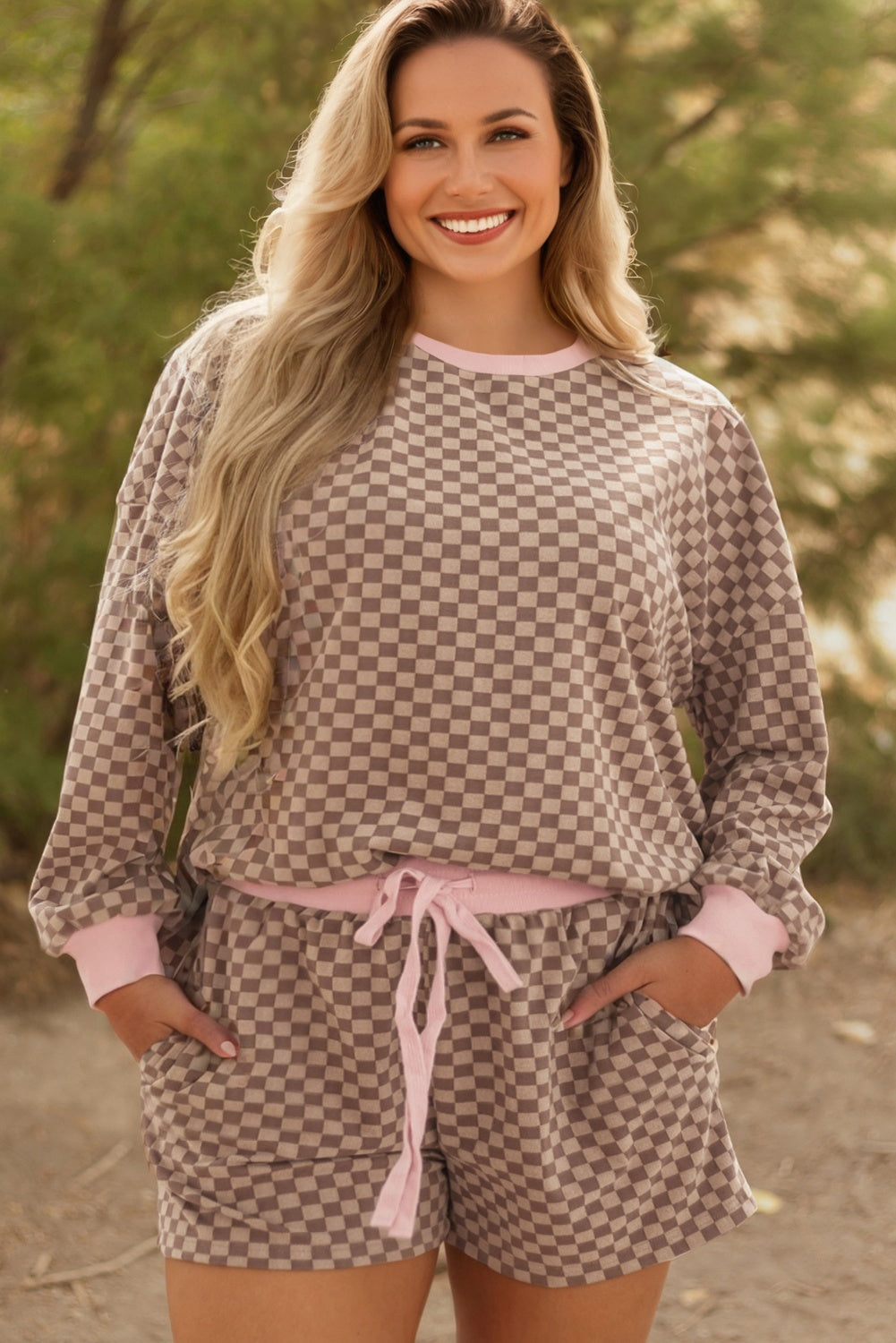 Brown Plus Size Checkered Print Contrast Trim Long Sleeve Top Drawstring Shorts 2pcs Lounge Set