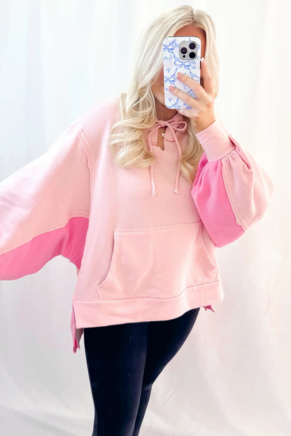 Light Pink Color Block Patchwork Balloon Sleeve Kangaroo Pouch High Low Hoodie