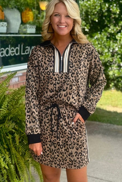 Khaki Leopard Print Quarter Zip Long Sleeve Top Drawstring Mini Skirt Varsity 2pcs Set