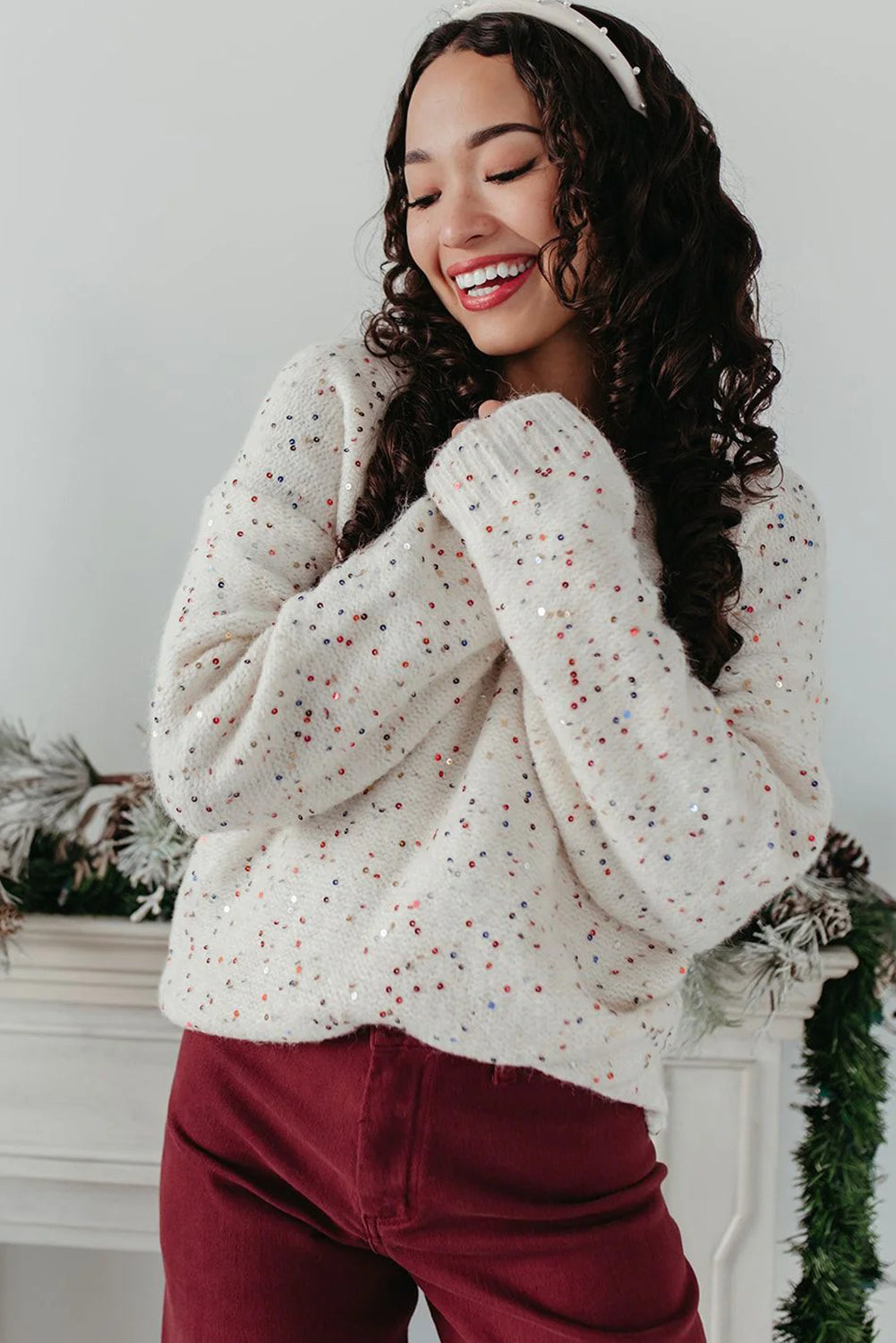 White Sequin Confetti V Neck Drop Shoulder Sweater