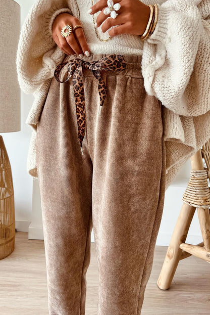 Parchment Leopard Drawstring Corduroy Tapered High Waist Trousers