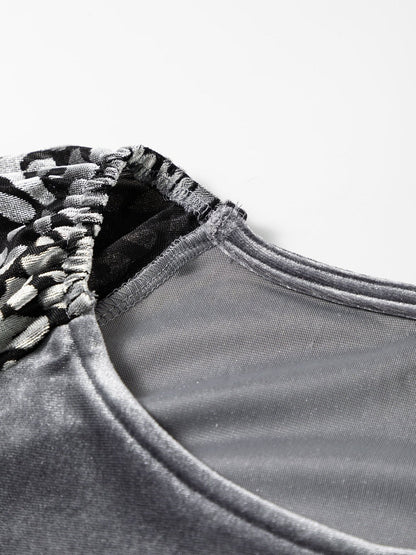 Grey Leopard Velvet Lantern Sleeve Blouse