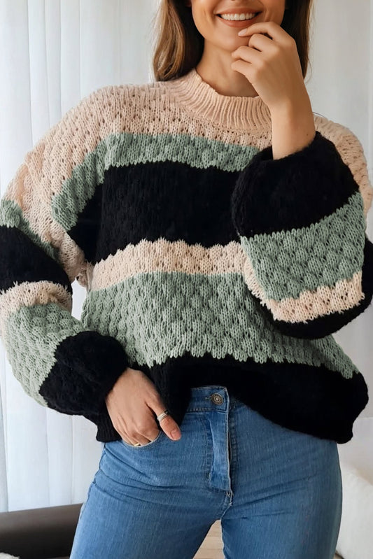 Green Color Block High Neck Baggy Sweater