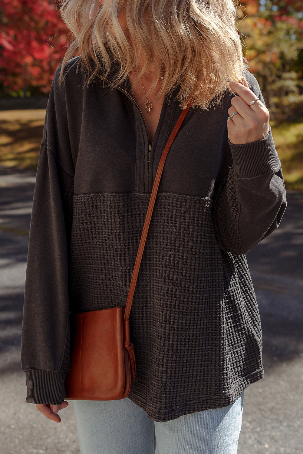 Carbon Grey Waffle Knit Patchwork Half Zipped Casual Sweatshirt