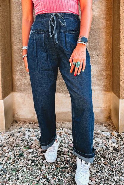 Sail Blue Checkered Side Panel Patchwork Drawstring Loose Denim Pants