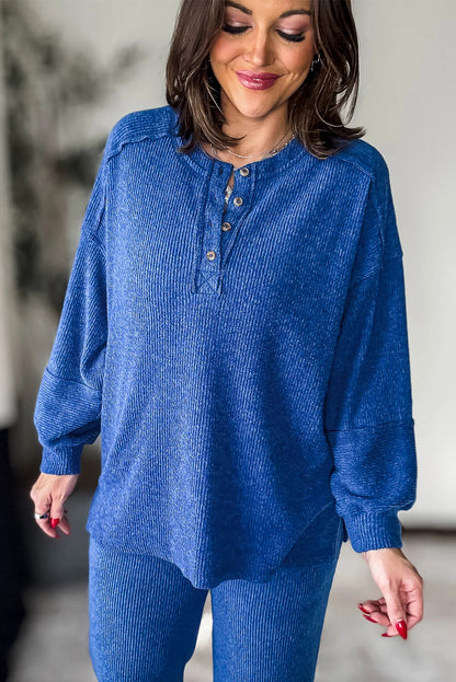 Sky Blue Brushed Ribbed Knit Exposed Seam Drop Shoulder Henley Top