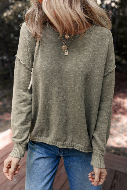 Four Leaf Clover Drop Shoulder Raw Hem Knitted Sweater