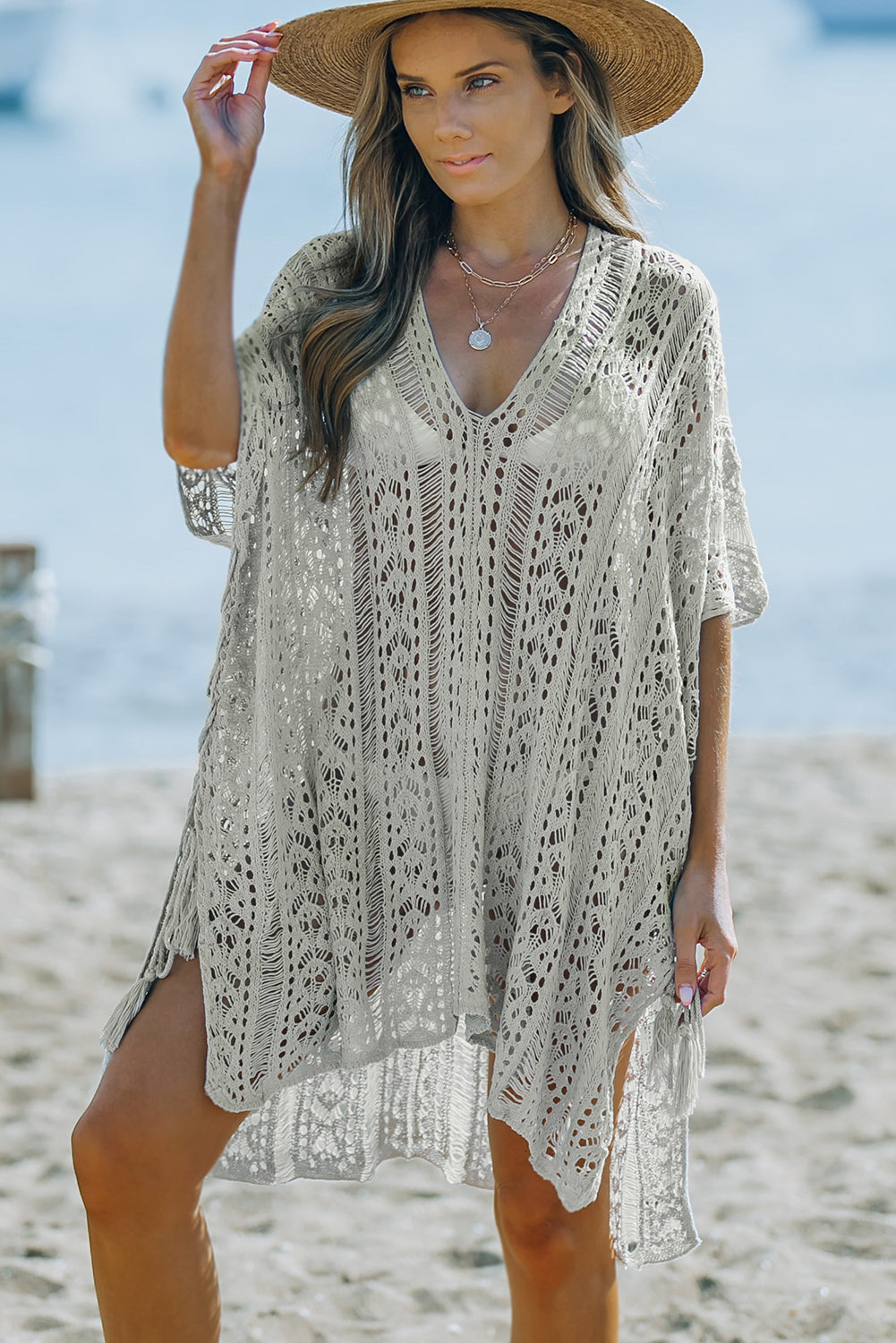 Boho Gray Crochet Beach Dress with Tassel Detail