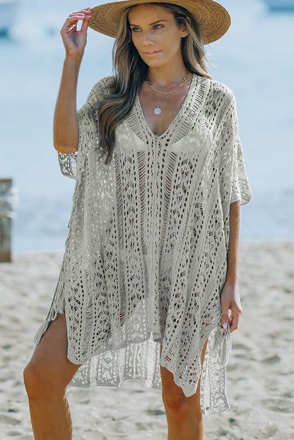 Boho Gray Crochet Beach Dress with Tassel Detail