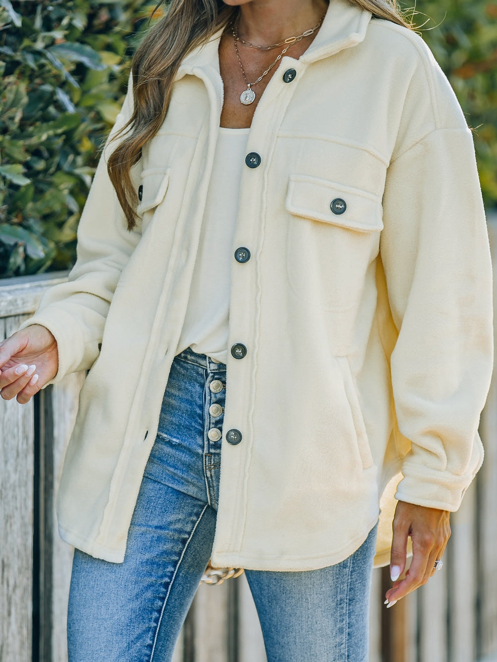 Beige Collared Button-Up Shirt Jacket