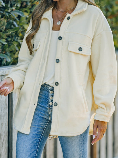 Beige Collared Button-Up Shirt Jacket