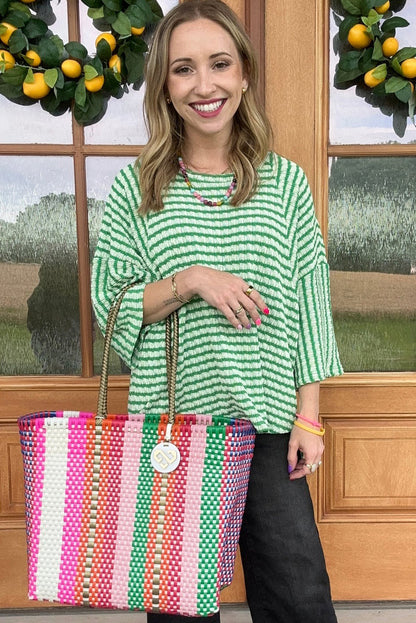 Green Stripe Bracelet Sleeve High Low Casual Top