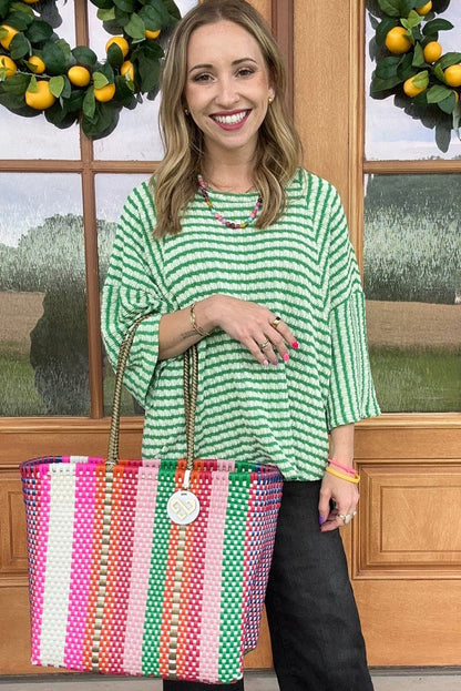 Green Stripe Bracelet Sleeve High Low Casual Top
