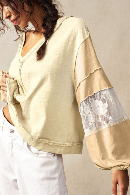 Yellow Cream Exposed Seam Color Block Lace Patchwork Long Sleeve V Neck Loose Top