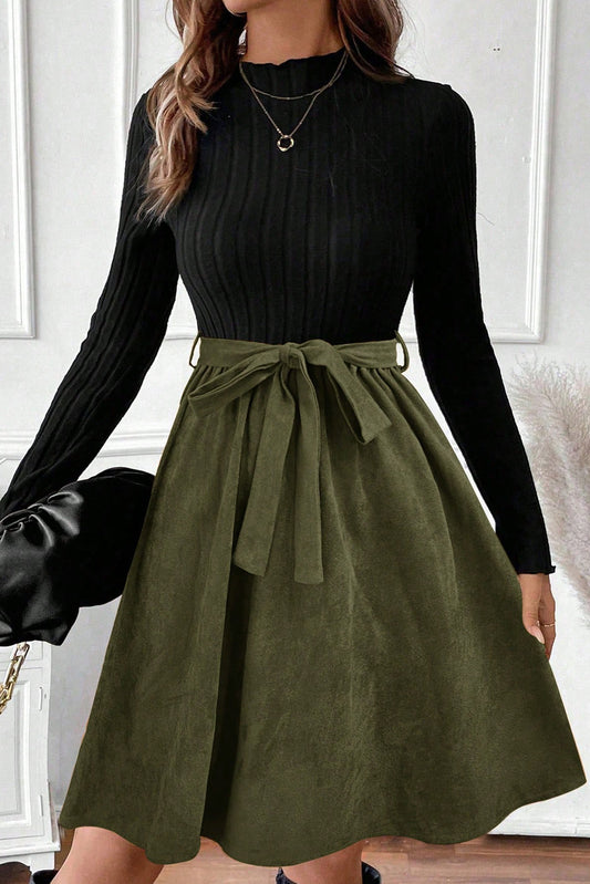 Black Ribbed Knit Slim Bodice Contrast Flared Skirt Patchwork Belted Dress