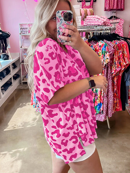 Floral Leopard Print Oversized V-Neck Plus Size T-Shirt