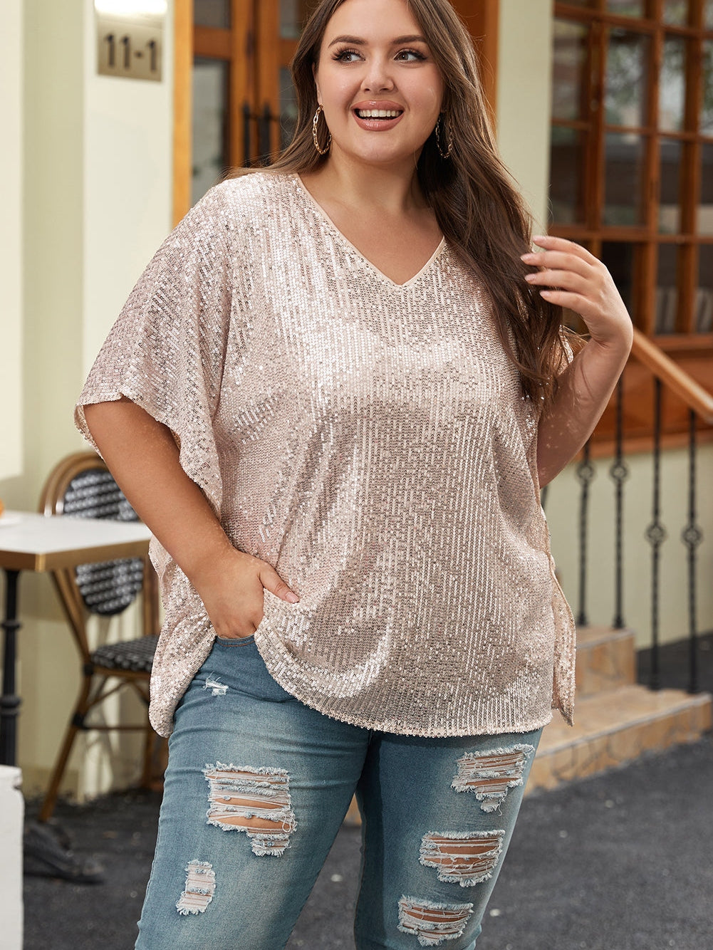 Apricot Plus Size Sequined V Neck Boxy Top