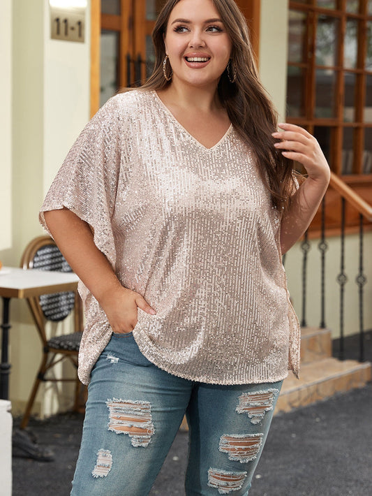 Apricot Plus Size Sequined V Neck Boxy Top