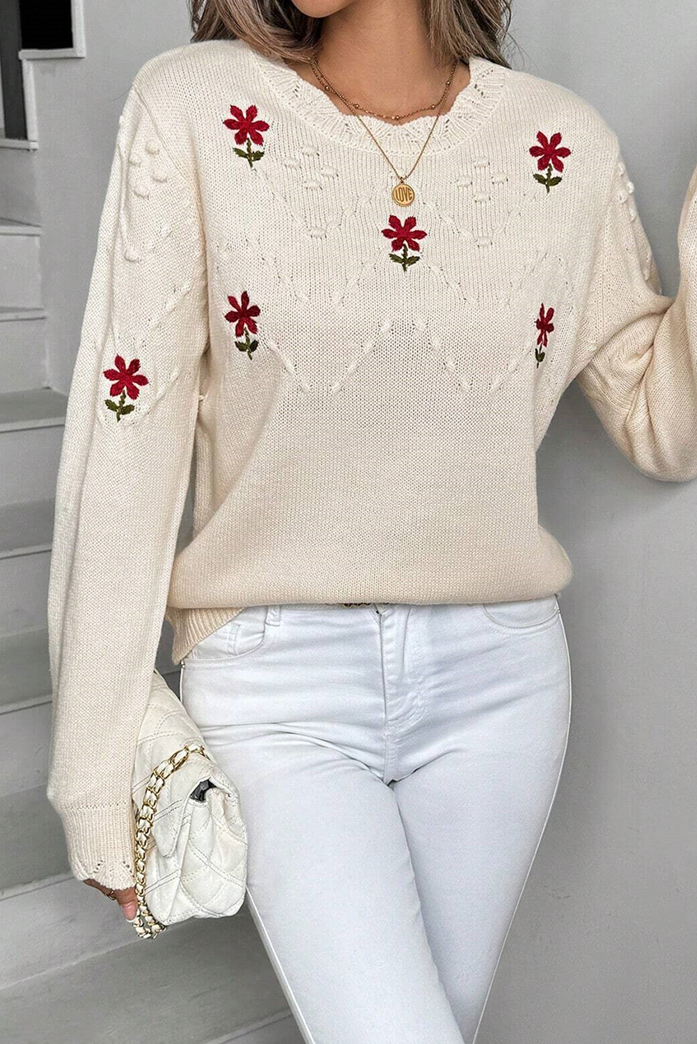 Beige Floral Embroidered Textured Detail Pullover Sweater