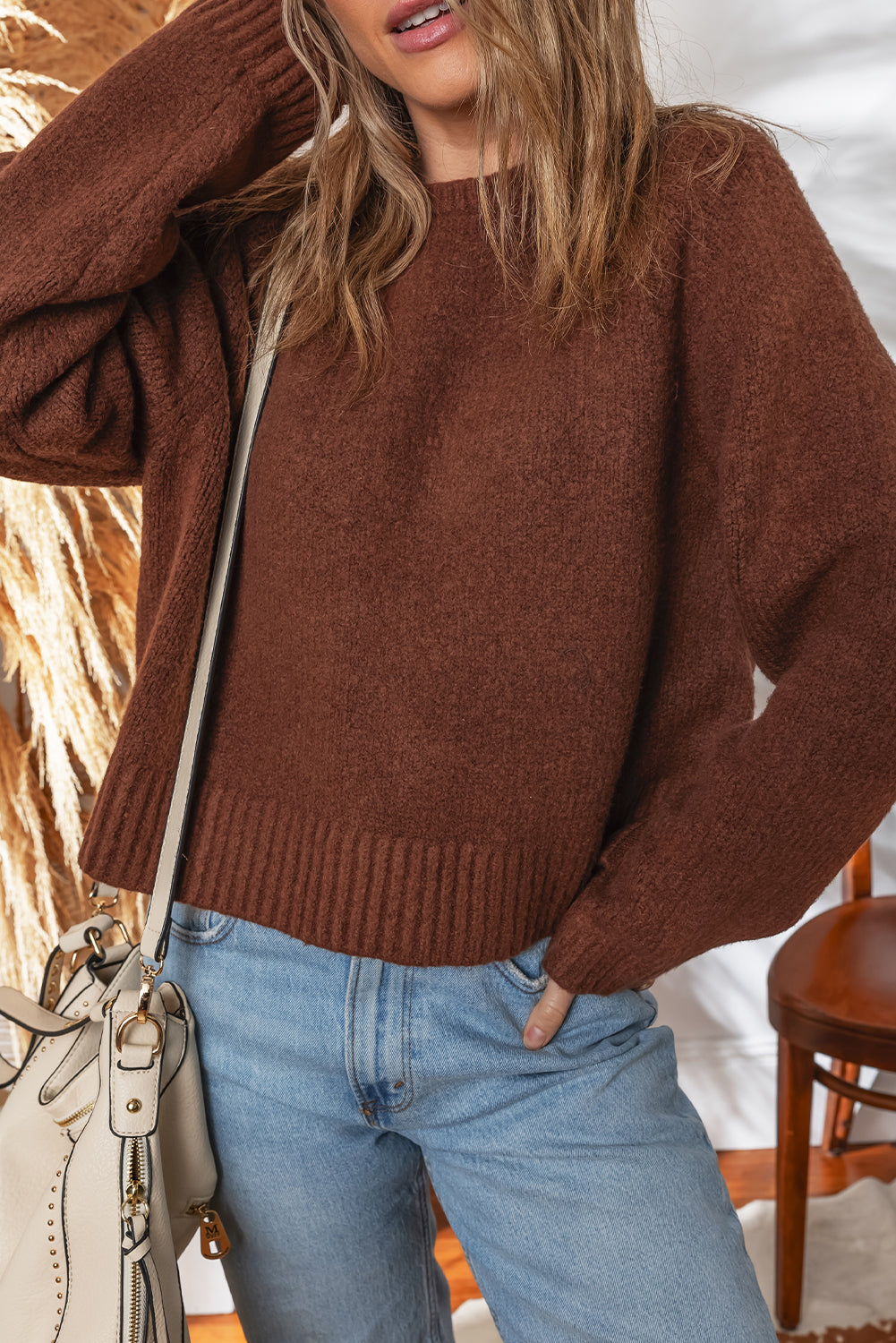 Coffee Solid Color Ribbed Trim Loose Sweater