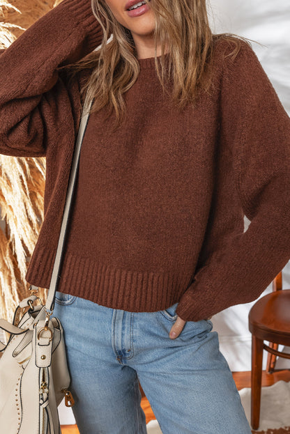 Coffee Solid Color Ribbed Trim Loose Sweater