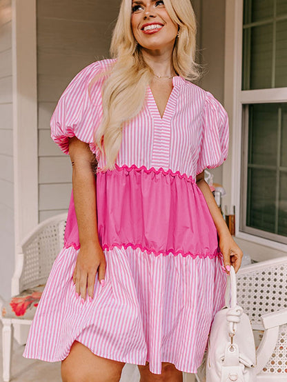 Pink Ricrac Stripe Block Puff Sleeve A-Line Shift Dress