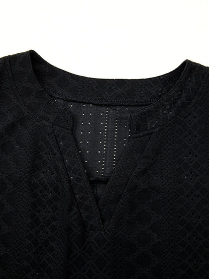 Black Eyelet Jacquard Split Neck Flounce Sleeve Plus Size Blouse