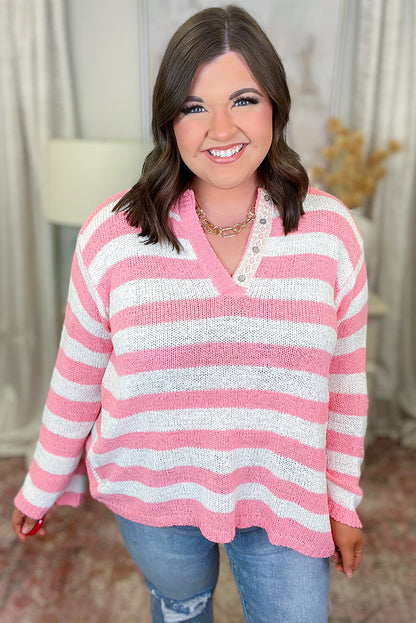 Pink Stripe Lightweight Knitted Lace Button Detail V Neck Plus Size Sweater