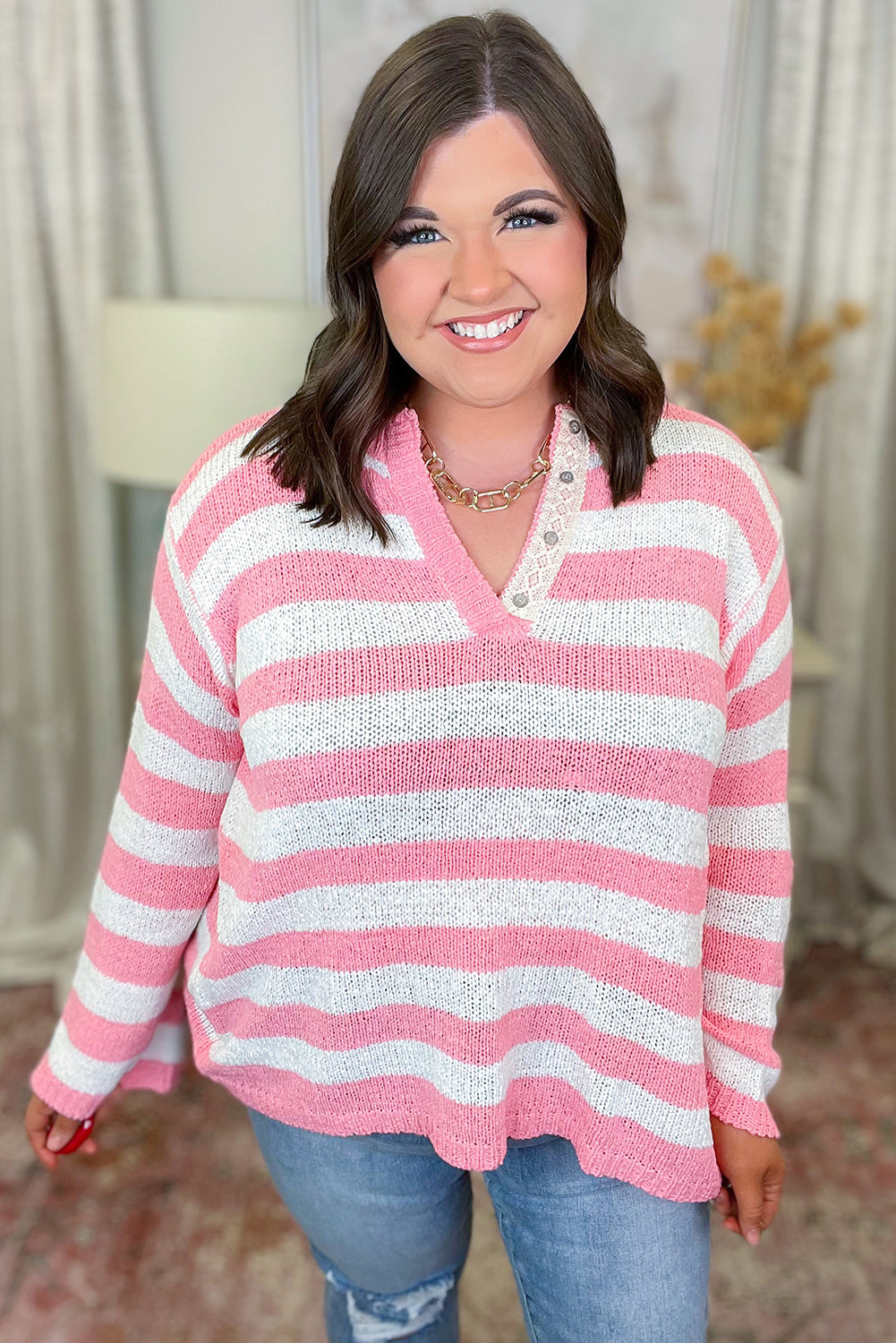 Pink Stripe Lightweight Knitted Lace Button Detail V Neck Plus Size Sweater