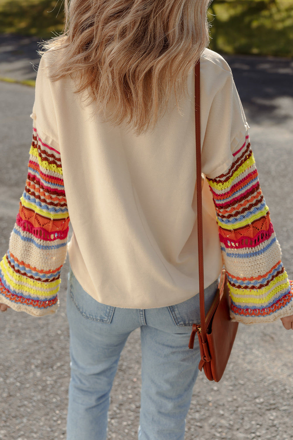 Beige Round Neck Colorful Knit Sleeve Patchwork Top